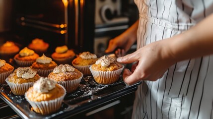 A baker pulling golden muffins out of the oven in a warm kitchen
