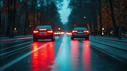 Fototapeta premium Nighttime scene of cars navigating a wet street, illuminated by vibrant red lights reflecting on the pavement.