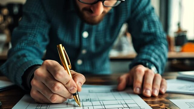 A focused man in a plaid shirt writes on a schematic layout. Concept of productivity and thorough organization.