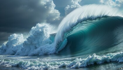 Swirling Ocean Wave with Dark Clouds Dramatic Teal