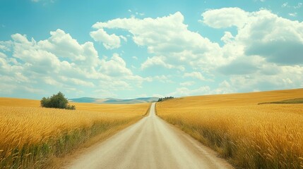 Fototapeta premium A rustic dirt road meanders through a golden wheat field under a clear blue sky, creating a picturesque rural landscape.