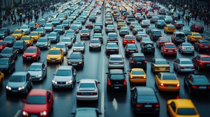 A congested city street filled with numerous vehicles, showcasing the hustle and bustle of urban traffic during peak hours.