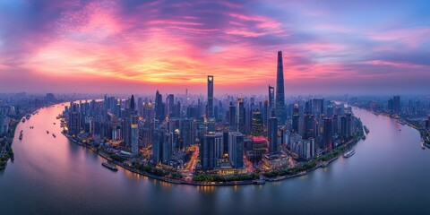 Fototapeta premium A stunning city skyline at sunset, featuring a serene river and a majestic bridge, showcasing urban beauty and tranquility.