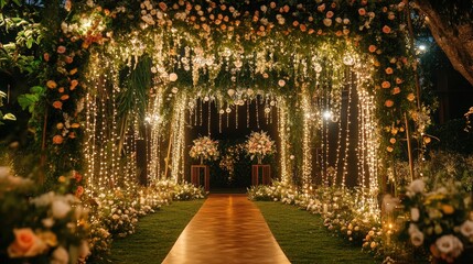 Obraz premium A beautifully decorated wedding venue with floral arches and twinkling lights