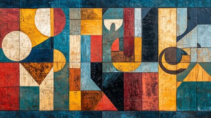 Obraz premium Colorful abstract mural featuring geometric shapes and vibrant colors in urban setting