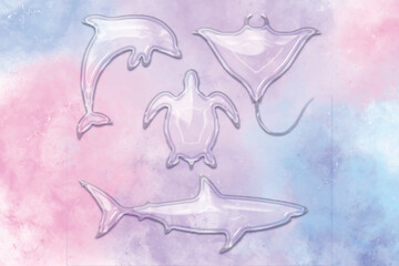 Glass Effect Marine Animals Vector &ndash; Transparent Dolphin, Shark, Turtle, and Ray Illustration