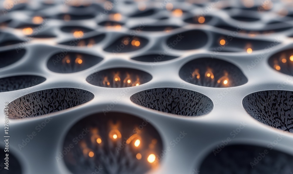 Poster abstract glowing orbs in a cellular structure, background or texture