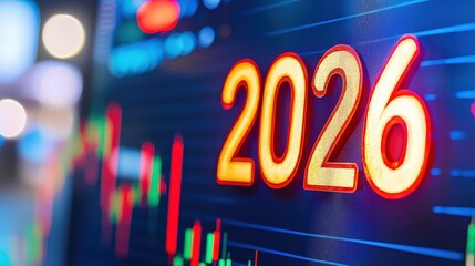 A vibrant digital display shows the year 2026, accompanied by fluctuating graphs, symbolizing future trends in finance or technology.