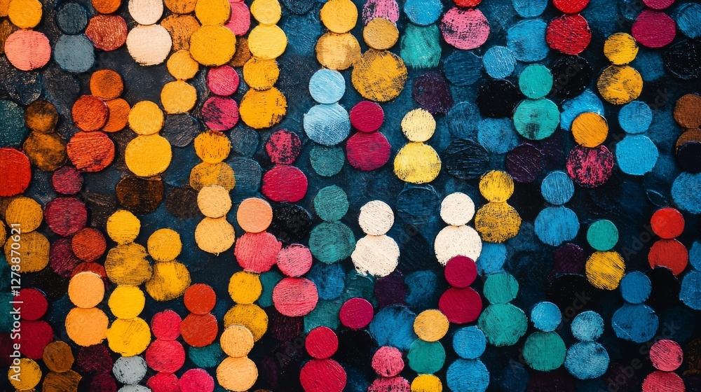 Poster colorful abstract pattern of circular shapes on a dark background, creating a vibrant visual effect