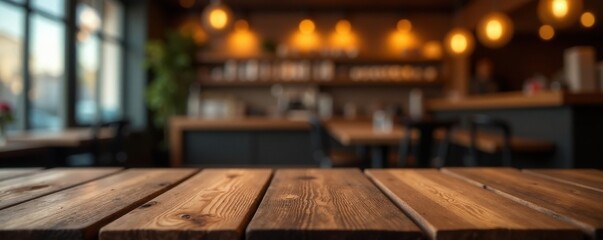 Empty wooden table top with blurred light golden bokeh of cafe restaurant in dark background, dining, table