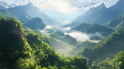 Serene mountains tower over a lush valley, with graceful birds soaring gracefully in the clear blue sky above, capturing the beauty of nature's landscape.