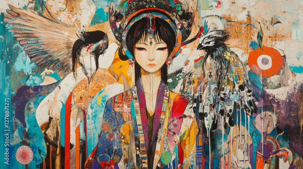 Poster colorful artistic representation of a serene figure surrounded by birds and abstract patterns