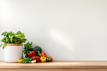 A modern kitchen with a compost bin filled with vegetable scraps, fresh produce on a wooden counter, an eco-conscious lifestyle captured in a bright, minimalistic setting. 