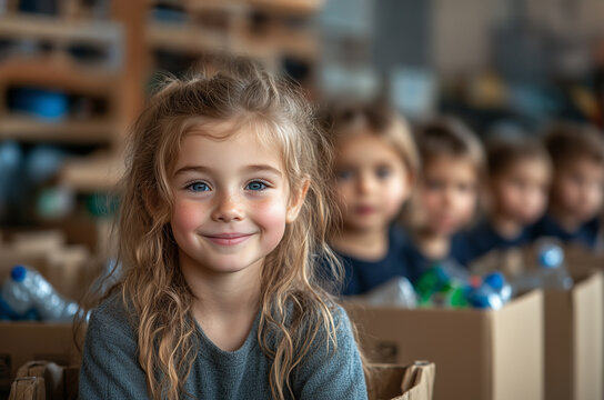 group of children learning about recycling in classroom setting, smiling and engaged