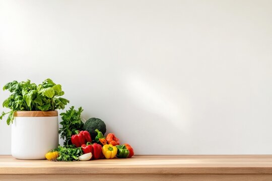 A modern kitchen with a compost bin filled with vegetable scraps, fresh produce on a wooden counter, an eco-conscious lifestyle captured in a bright, minimalistic setting. 