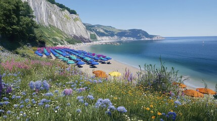 Naklejka premium Colorful Beach Umbrellas And Wildflowers Against A Cliffside