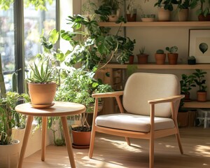 Fototapeta premium Peaceful Living Room Corner with Indoor Plants and Wooden Furniture