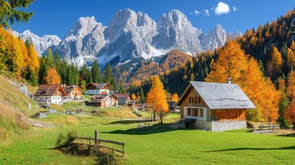 Obraz premium A serene landscape featuring majestic mountains behind a quaint house, capturing the essence of nature's beauty and tranquility.