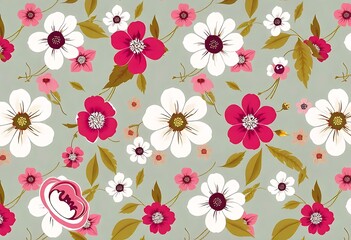 Generative AI, Vibrant Floral Pattern with White and Pink Flowers on Gray Background
