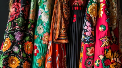 Colorful collection of intricately designed scarves displayed on a hanger in a boutique setting