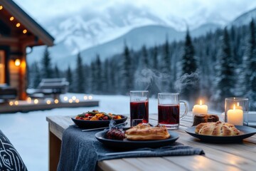A snowy mountain cabin with an outdoor wooden table set for a winter feast, steaming mugs of mulled wine, plates of roasted vegetables and warm pastries.