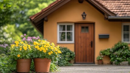 Naklejka premium Two vibrant flower pots are positioned in front of a charming house, enhancing the outdoor decor and creating a welcoming atmosphere.