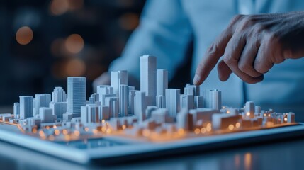 A person points at a scaled architectural model of a city, showcasing detailed buildings and...