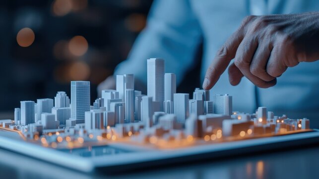 A person points at a scaled architectural model of a city, showcasing detailed buildings and illuminated areas, emphasizing urban planning and design.