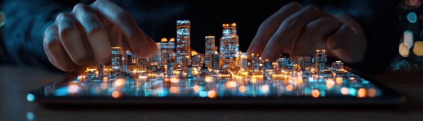 A close-up of hands manipulating a glowing, miniature cityscape on a tablet, showcasing a blend of...