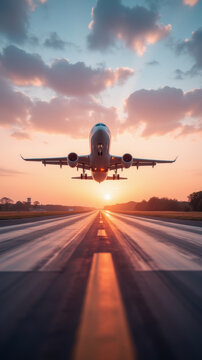 plane taking off at sunset, with vibrant clouds and runway details
