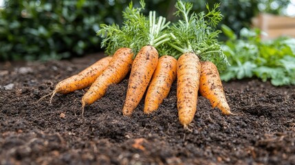 Freshly harvested bunch of organic carrots lying naturally in the ground with dirt