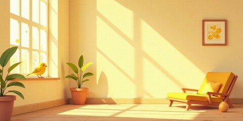 Fototapeta premium Serene Sunny Room with Yellow Chair, Bird, and Plants, Bathed in Warm Light
