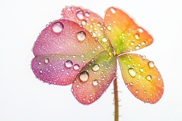 Fototapeta premium A vibrant clover leaf adorned with water droplets, showcasing a blend of colors and textures against a soft background.