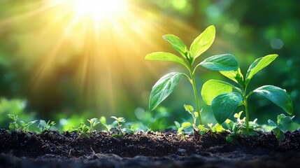 Fresh green plant growing up from earthy dirt under natural light
