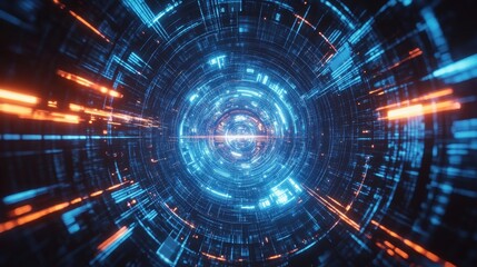 Fototapeta premium Abstract Digital Tunnel With Glowing Blue And Orange Lines
