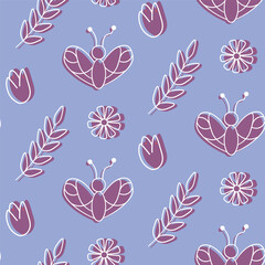 Seamless Pattern Featuring Butterflies, Flowers, and Leaves in a Soft Purple Palette