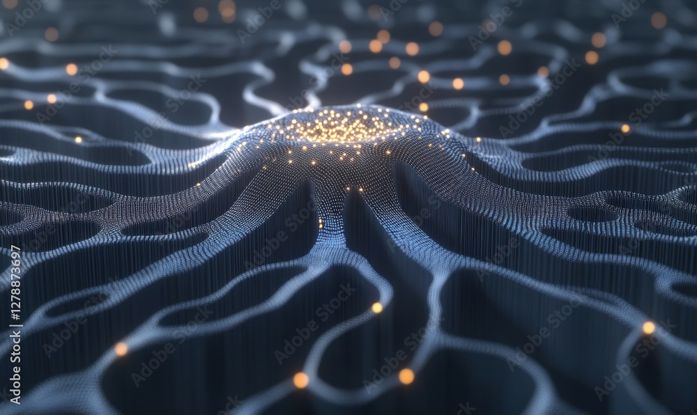 Poster abstract neural network with glowing core, data flow visualization