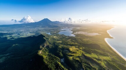 A view of a mountain and a body of water from a plane