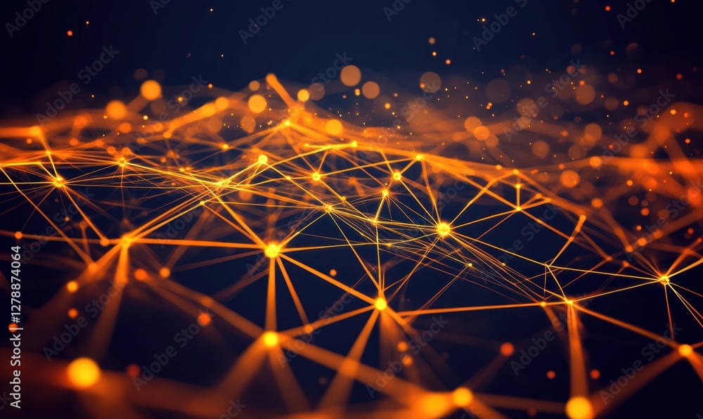 Poster abstract orange network wave with glowing particles on dark background for digital design
