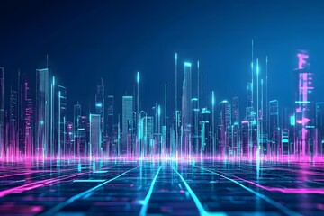 Fototapeta premium Futuristic Cityscape with Neon Lights and Digital Grid Reflection