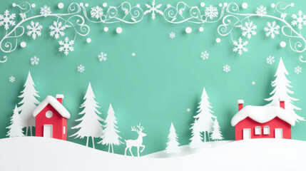 Fototapeta premium Winter landscape with paper cut houses, trees, and snowflakes