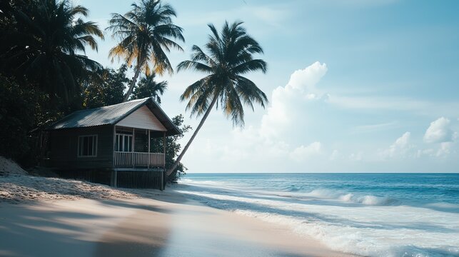 A small wooden cabin on the beach with an outdoor terrace overlooking the sunset over the ocean, in a modern style, with a tropical landscape, hyper-realistic,