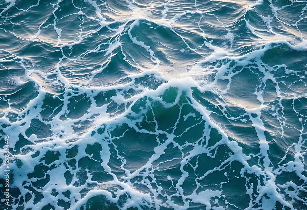 Poster generative ai, aerial view of ocean waves with foamy white crests and sunlight reflection, creating 