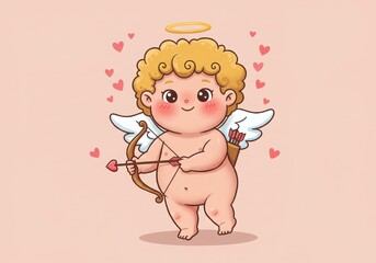 Obraz premium Cute cartoon cupid, baby angel, chubby cherub, curly blonde hair, pink skin, rosy cheeks, smiling face, small wings, golden
