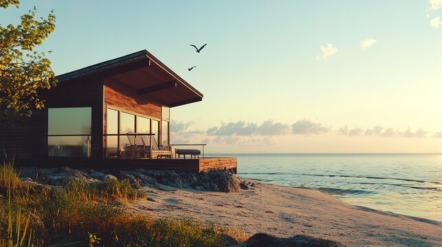 A small wooden cabin on the beach with an outdoor terrace overlooking the sunset over the ocean, in a modern style, with a tropical landscape, hyper-realistic,