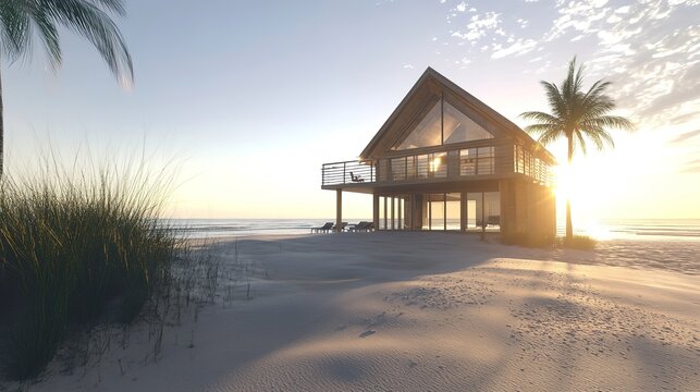A small wooden cabin on the beach with an outdoor terrace overlooking the sunset over the ocean, in a modern style, with a tropical landscape, hyper-realistic,