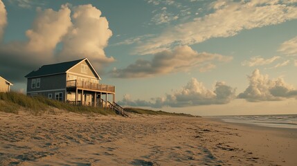 A small wooden cabin on the beach with an outdoor terrace overlooking the sunset over the ocean, in a modern style, with a tropical landscape, hyper-realistic,