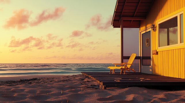 A small wooden cabin on the beach with an outdoor terrace overlooking the sunset over the ocean, in a modern style, with a tropical landscape, hyper-realistic,