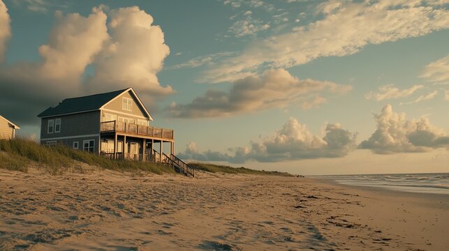 A small wooden cabin on the beach with an outdoor terrace overlooking the sunset over the ocean, in a modern style, with a tropical landscape, hyper-realistic,