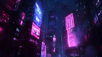 Neon Cityscape at Night with Vibrant Lights and Futuristic Buildings